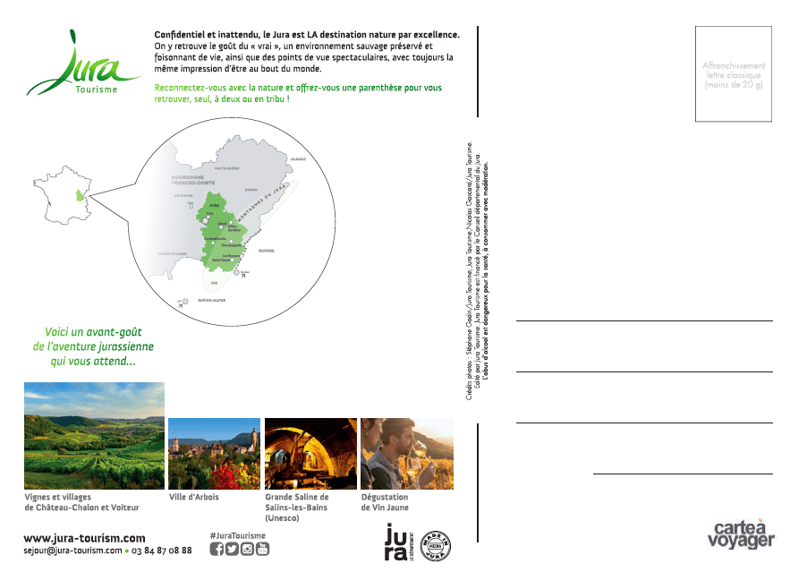 Carte-a-voyager-Jura-2-faceB-cartes-postales-publicitaires-gratuites-offertes-salons-tourisme-mahana-lyon-mondial-tourissima-lille-sitv-colmar