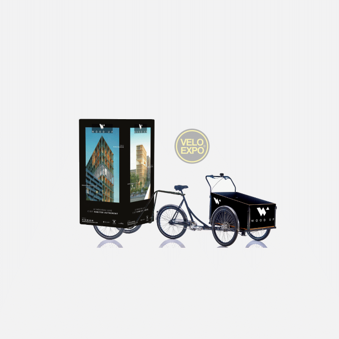 Velo-triporteur-cargo-affichage-4-cotes-360-degres-animation-distribution-affichage-mobile-ooh-dooh-street-marketing-publicite-cargo-triporteur-classique-ou-assistante-electrique-France - vélo triporteur pour animation à vélo et activation street marketing à vélo publicitaire | Velo Expo