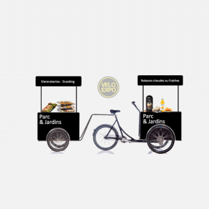 Velo-triporteur-cargo-foodbike-foodtruck-snack-animation-distribution-affichage-mobile-ooh-dooh-street-marketing-publicite-cargo-triporteur-classique-ou-assistante-electrique-France - vélo triporteur pour animation à vélo et activation street marketing à vélo publicitaire | Velo Expo